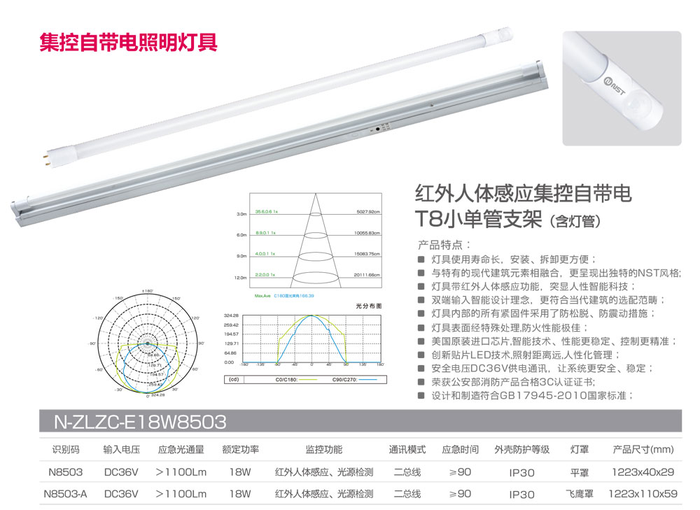 红外人体感应集控自带电T8小单管支架（含灯管）